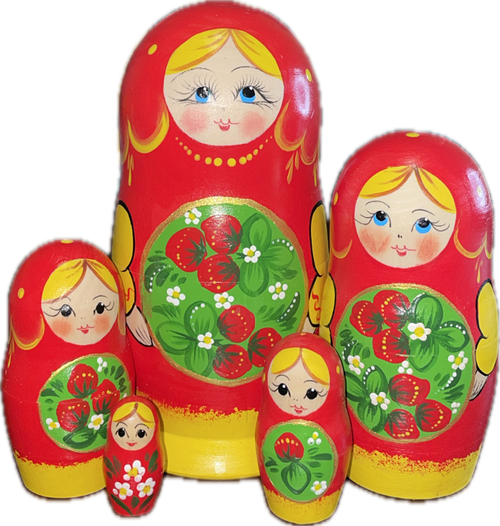 Handcrafted Matryoshka Stackable Nesting Dolls ON SALE! | FRONT: 5 red wooden dolls with hand-painted strawberries | Seasons Collection | Summer Matryoshka, 6" LIND-61 | Lindenhaus Imports in Helen, Ga