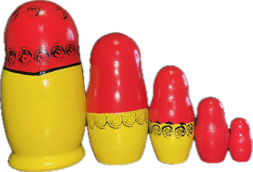 FRONT: 5 mini classic, stackable wooden dolls with bright blue eyes, blonde hair, and hand-painted tulips blooming of each doll. || 5-Piece Mini Matryoshka with Blooming Tulips, 4" Nesting Doll MS0502ry / L-66