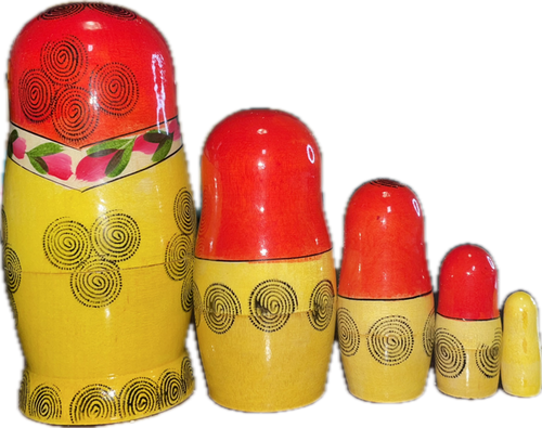 FRONT: 5 mini yellow and red classic, stackable wooden dolls with bright blue eyes, black hair, and hand-painted flowers. || 5-Piece Mini Matryoshka with Red and Blue Flowers, 4" Nesting Doll MC0502r / L-69