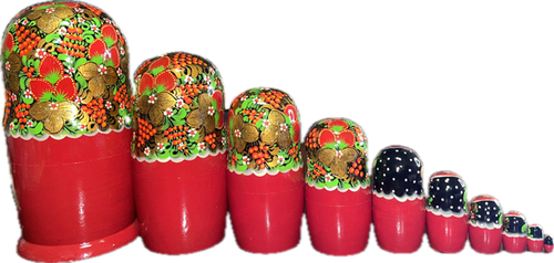 Handcrafted Matryoshka Stackable Nesting Dolls ON SALE! | BACK: 10 red and black stackable wooden dolls with hand-painted gold flowers and berries | Red and Black Matryoshka with and Hand-Painted Berries and Gold Flowers, 10" LIND-71 | Lindenhaus Imports in Helen, Ga Handcrafted Matryoshka Stackable Nesting Dolls ON SALE! | BACK: 10 red and black stackable wooden dolls with hand-painted gold flowers and berries | Red and Black Matryoshka with and Hand-Painted Berries and Gold Flowers, 10" LIND-71 | Lindenhaus Imports in Helen, Ga