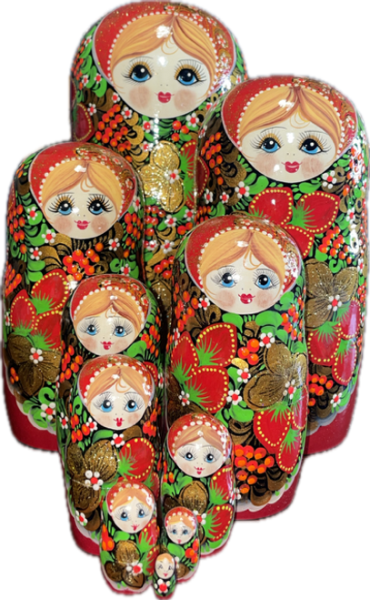 Handcrafted Matryoshka Stackable Nesting Dolls ON SALE! | FRONT: 10 red and black stackable wooden dolls with hand-painted gold flowers and berries | Red and Black Matryoshka with and Hand-Painted Berries and Gold Flowers, 10" LIND-71 | Lindenhaus Imports in Helen, Ga