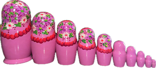 Handcrafted Matryoshka Stackable Nesting Dolls ON SALE! | BACK: 10 stackable pink wooden dolls with a gold outline medallion surrounding hand-painted flowers | Pink Matryoshka with Hand-Painted Flowers and Gold Medallion, 10" LIND-72 | Lindenhaus Imports in Helen, Ga