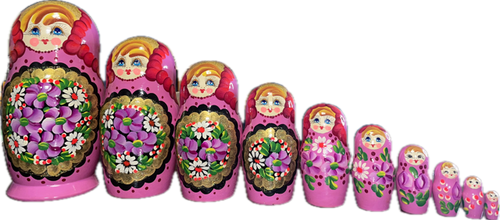 Handcrafted Matryoshka Stackable Nesting Dolls ON SALE! | FRONT: 10 stackable pink wooden dolls with a gold outline medallion surrounding hand-painted flowers | Pink Matryoshka with Hand-Painted Flowers and Gold Medallion, 10" LIND-72 | Lindenhaus Imports in Helen, Ga