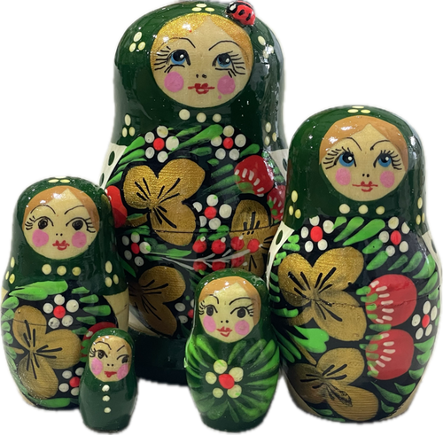 Handcrafted Matryoshka Stackable Nesting Dolls ON SALE! | FRONT: 5 mini green and white stackable wooden dolls with bright blue eyes, blonde glittered hair, rosie cheeks, hand-painted gold flowers and red strawberries, and a 3D ladybug on top of doll | Mini Green Matryoshka with 3D Lady Bug, 4" LINDLVD-01 | Lindenhaus Imports in Helen, Ga