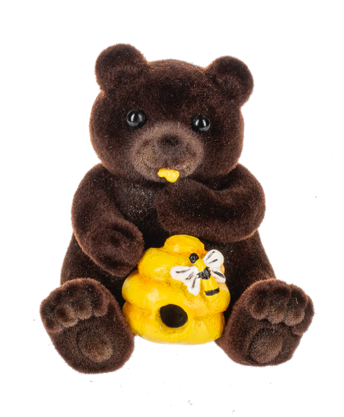 1 Soft, fuzzy brown bear holding a bright yellow beehive 1 Soft, fuzzy brown bear holding a bright yellow beehive