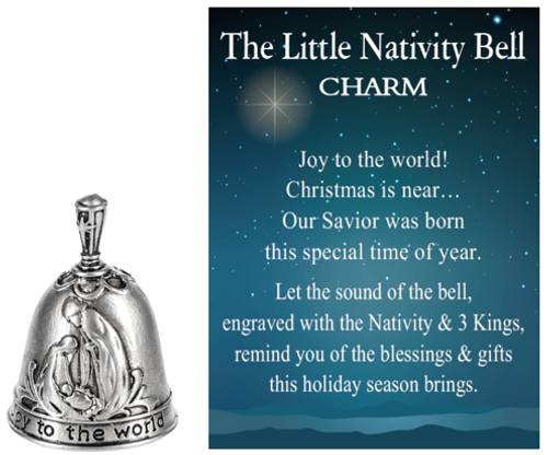 Inspirational Charms ON SALE! || Let the sound of the bell remind you of the blessings and gifts the Christmas season brings! It's the perfect pocket-sized keepsake for yourself or a gift for someone special. || The Little Nativity Bell Motivational Charm EX26920 || Lindenhaus Imports in Helen, Ga