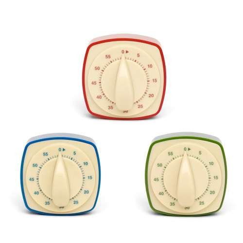 Keep things classic in the kitchen with this retro timer! Wind up the timer up to 60 minutes for the perfect cooking results every time! Timers come in assorted colors: red, green, and blue. || Magnetic Retro Kitchen Timer, 3" Assorted Colors Available || Lindenhaus Imports in Helen, Ga
