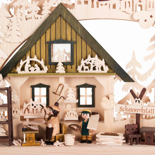 Authentic German Pyramids ON SALE! | Features: 2 handcrafted woodshop workers, 3D trees and decorative pyramids throughout, tiny handcarved tools, and LED fairy lights | The Schauwerkstatt (Workshop), 11" 202/CA/90544/D/6-110 | Handmade in the Erzgebirge region of Seiffen, Germany | Lindenhaus Imports in Helen, Ga Authentic German Pyramids ON SALE! | Features: 2 handcrafted woodshop workers, 3D trees and decorative pyramids throughout, tiny handcarved tools, and LED fairy lights | The Schauwerkstatt (Workshop), 11" 202/CA/90544/D/6-110 | Handmade in the Erzgebirge region of Seiffen, Germany | Lindenhaus Imports in Helen, Ga