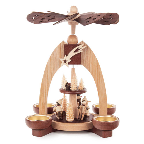 Authentic German Pyramids ON SALE! | Features: handcarved rotating blades, 2 children and Snowman, multiple handshaved  trees, and 4 brass candle holders | 2-Tier Winterkindern (Winter Children), 10" 085/P/941/D/3 | Handmade in the Erzgebirge region of Seiffen, Germany | Lindenhaus Imports in Helen, Ga