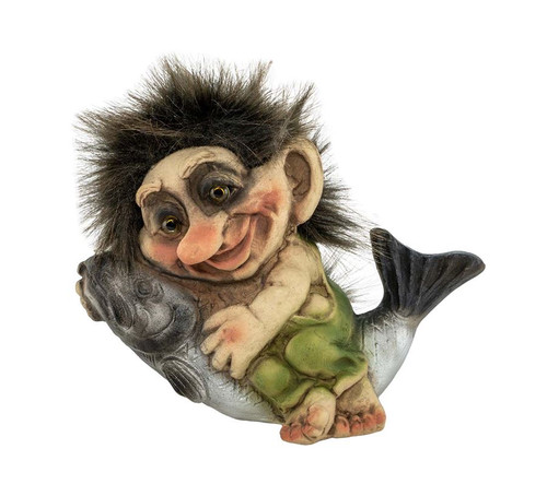 Authentic Norwegian Trolls ON SALE! || Troll Boy Hugging Fish, 4" T/227 || Lindenhaus Imports in Helen, Ga