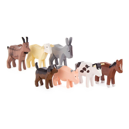 Authentic German Accessories and Décor ON SALE! || Features set of 7 handcarved and handpainted farm animals: goat, sheep, donkey, dog, pig, cow, and horse. || 7-Piece Haustiere Farbig (Farm Animals), 2" 076/D/141/PA || Handmade in the Erzgebirge region of Seiffen, Germany || Lindenhaus Imports in Helen, Ga