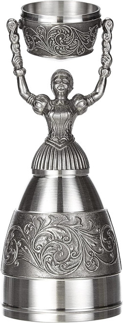 This German Bridal Cup - also known as a Nüremberg Bridal Cup - has a swiveling cup and hollow dress which allow both the bride and groom to drink simultaneously. || Nüremberg Pewter Bridal Cup with Decorative Dress, 6.5" 10335 || Lindenhaus Imports in Helen, Ga