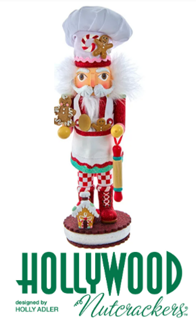 Kurt S. Adler Hollywood Nutcrackers™ Exclusive Collection ON SALE || Features white chef's hat adorned with a red and white peppermint candy, a gingerbread outfit embellished with a white apron, glittered-red boots, and is holding a tiny decorated gingerbread couple and a rolling pin. || The Gingerbread Chef HA0325 || Lindenhaus Imports