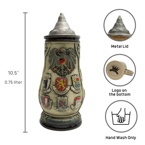 Rustic 'Deutschland' Coat of Arms Beer Stein, 0.75L - S4227 Rustic 'Deutschland' Coat of Arms Beer Stein, 0.75L - S4227