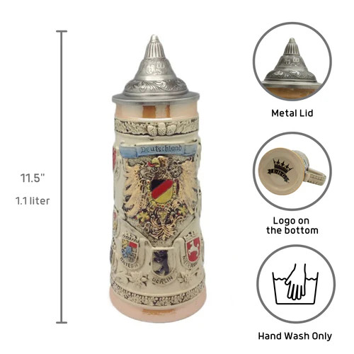 1-liter Deutschland COA Beer Stein dimensions 11 inches tall and 6 inches wide. 1-liter Deutschland COA Beer Stein dimensions 11 inches tall and 6 inches wide.