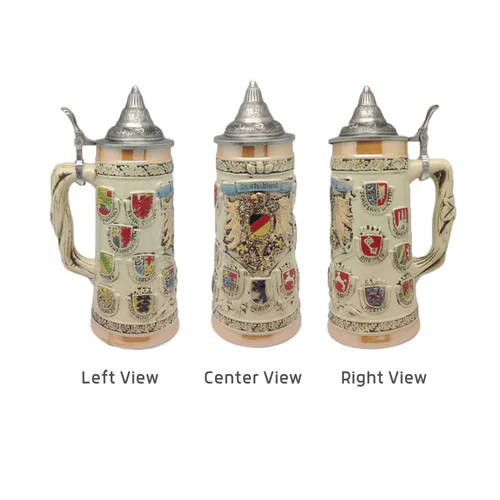 Front and side views of 1-liter Deutschland COA Beer Stein. Front and side views of 1-liter Deutschland COA Beer Stein.
