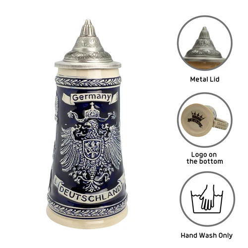 'Germany-Deutschland' Historical Cities with Medieval Eagle Coat of Arms Beer Stein, 1L (blue/white) - S4543 'Germany-Deutschland' Historical Cities with Medieval Eagle Coat of Arms Beer Stein, 1L (blue/white) - S4543