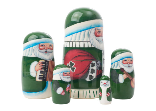 SIDE: Features 4 handcrafted Irish Santa's and 1 Celtic snowman with each figure clutching a unique object: a silver bell, an accordion, a bouzouki, and a stocking brimming with treats. || 5-Piece Irish Santa Matryoshka, 5" Nesting Doll 130052 SIDE: Features 4 handcrafted Irish Santa's and 1 Celtic snowman with each figure clutching a unique object: a silver bell, an accordion, a bouzouki, and a stocking brimming with treats. || 5-Piece Irish Santa Matryoshka, 5" Nesting Doll 130052