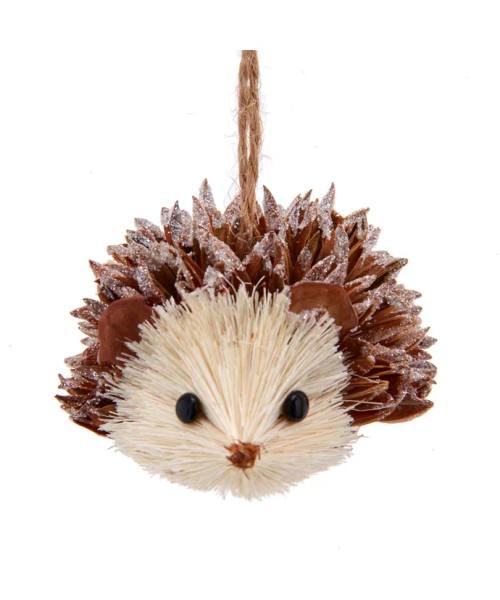 Features: classic hedgehog with brown spikes accented with glitter attached to a burlap string. || Hedgehog Ornament, 3" C7880