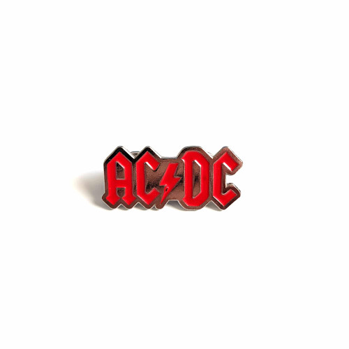 A gold, metal pin with bright red "AC/DC" with the band's signature lightning bolt logo. A gold, metal pin with bright red "AC/DC" with the band's signature lightning bolt logo.