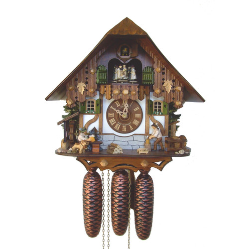 Dual Woodchopper & Bierdrinker Musical 8-Day White Chalet German Cuckoo Clock 8TMT 6407/10