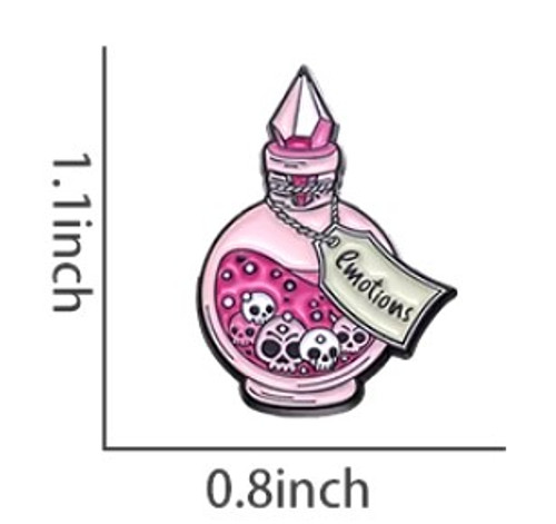 Size dimensions of Pink 'Emotions' Potion Bottle enamel pin with floating skulls HP-31