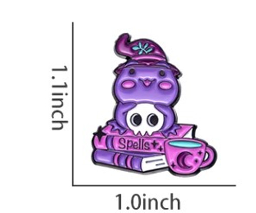 Dimensions of purple Frog Witch perched on a stack of 'SPELLS' books holding a skull HP33 Dimensions of purple Frog Witch perched on a stack of 'SPELLS' books holding a skull HP33