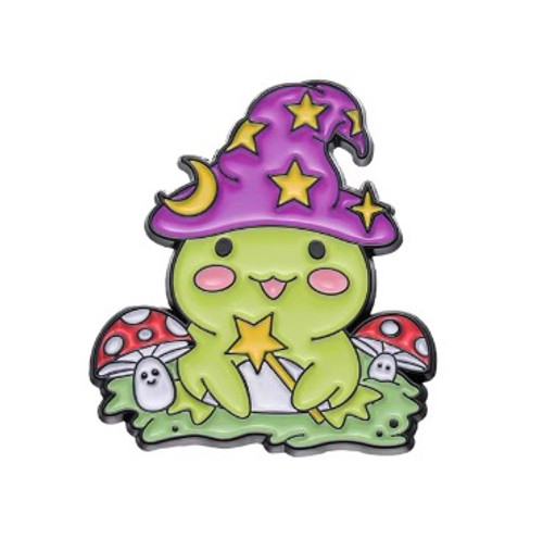 Magic Witch Frog enamel pin sitting on green grass with bright red mushrooms on either side holding a want. HP-36 Magic Witch Frog enamel pin sitting on green grass with bright red mushrooms on either side holding a want. HP-36
