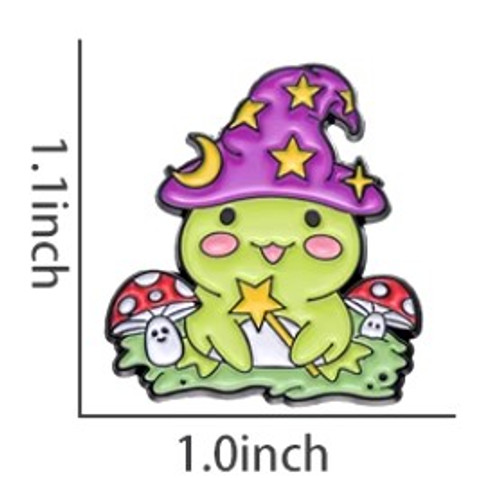 Dimensions of Magic Witch Frog with Mushrooms and Want enamel pin Dimensions of Magic Witch Frog with Mushrooms and Want enamel pin