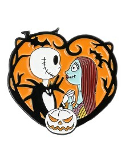 Beloved characters Jack Skellington and Sally from The Nightmare Before Christmas staring lovingly at each other inside a black heart-shaped vine with an orange background HP-25
