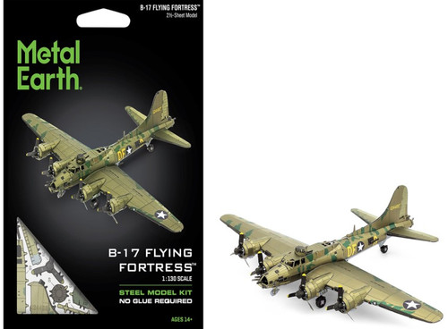 Packaging and assembled model of the BOEING™ B-17 Flying Fortress WWII Aircraft Metal Earth 3D Model Kit ME1009