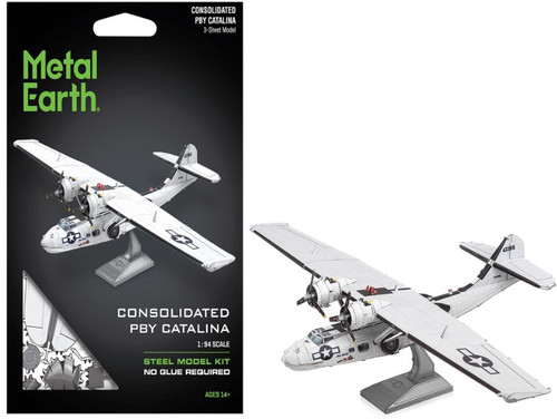 Packaging & assembled model of the Consolidated PBY Catalina WWII Aircraft Metal Earth 3D Model Kit ME1013