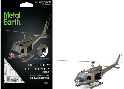Packaging and assembled model of the UH-1 Huey® Helicopter Metal Earth Kit ME1003