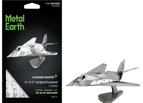 Packaging & assembled model of F-117® Nighthawk® USAF Stealth Aircraft Metal Earth Model Kit MMS164