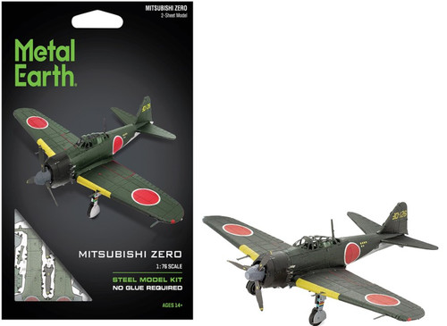 Packaging & assembled model of the WWII Mitsubishi Zero Metal Earth 3D Model Kit ME1012