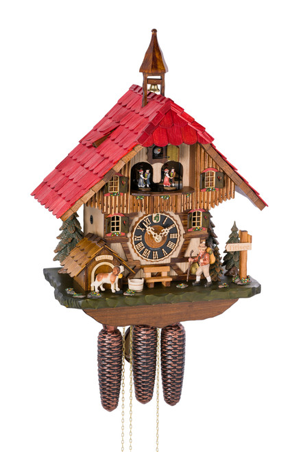 Hönes The Titisee Hiker and St. Bernard with Bell Tower 8-Day Musical Chalet German Cuckoo Clock 8640T