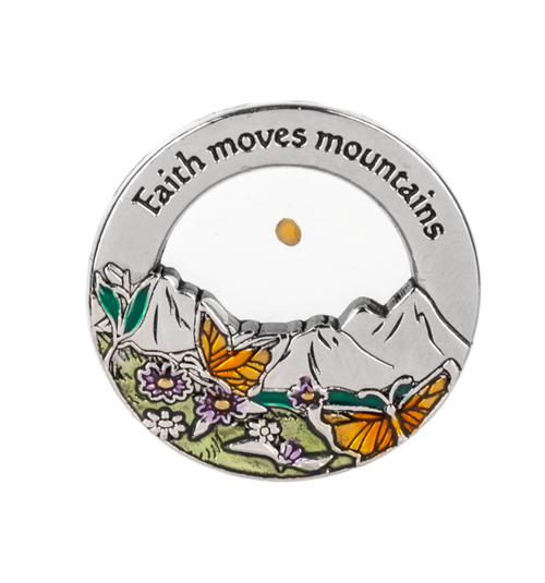 1 round, silver token with a mustard seed, colorful flowers and butterflies with "faith moves mountains" etched on top