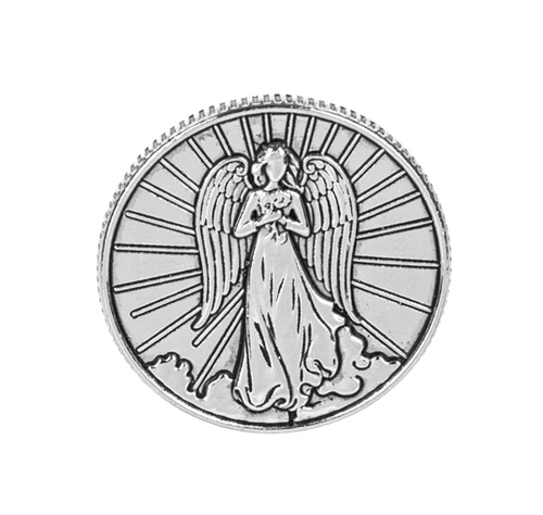 Features 1 silver token charm with an angel etched on one side Features 1 silver token charm with an angel etched on one side
