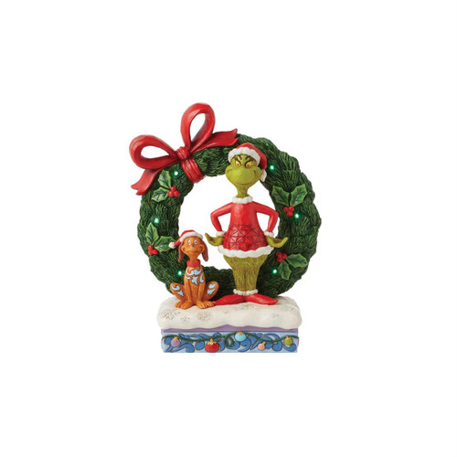 LED Light-Up Grinch & Max in Wreath Figurine 6015210 | Jim Shore™ The Grinch™ Collection