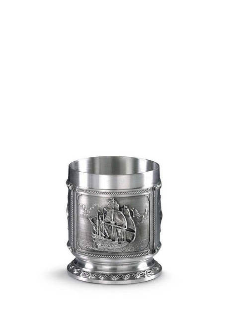 18th Century Nautical La Paloma Pewter Whiskey Cup, 4" 10320 | Features 3 panels with relief-decorated nautical themes depicting 18th century sailing vessels. | Part of ARTINA's La Paloma Collection | Lindenhaus Imports in Helen, Ga