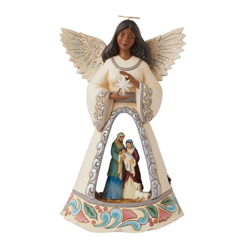 Jim Shore LED Light-Up Angel with Nativity Scene festive collectible figurine