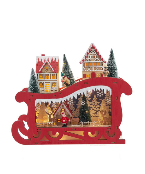 LED Light-Up Wooden Sleigh with Christmas Village Scene JEL1054