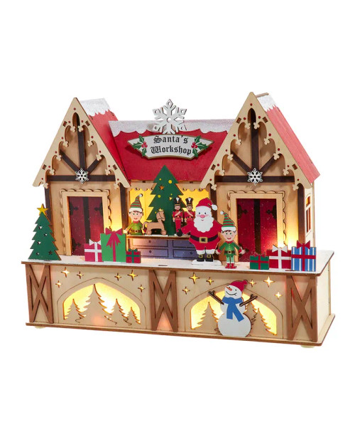 LED Light-Up Wooden Santa's Workshop Centerpiece JEL1036