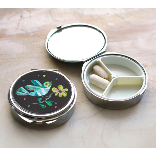 Top and opened view of Blue Bird Trinket/Vitamin Box with Compact Mirror 6011