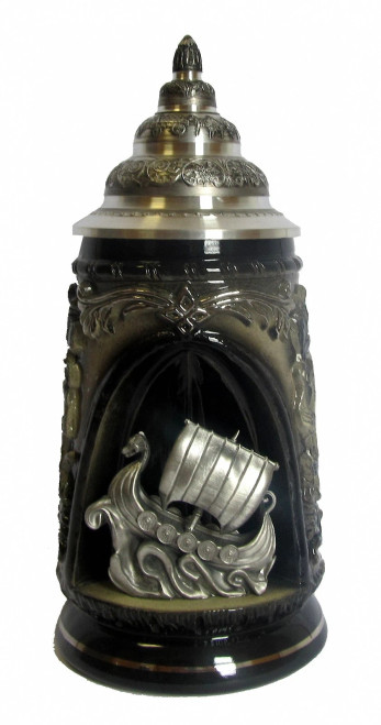 Nordic Viking Ship Grotto German Beer Stein with Conical Pewter Lid 337SH Nordic Viking Ship Grotto German Beer Stein with Conical Pewter Lid 337SH