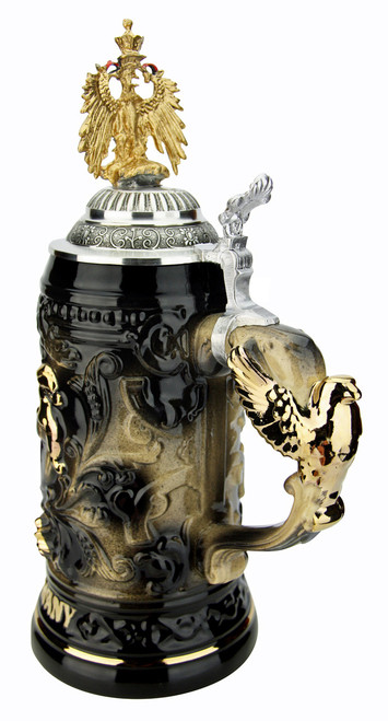 24K Gold Deutschland German Beer Stein with 3D Gold Eagle Pewter Lid 24K Gold Deutschland German Beer Stein with 3D Gold Eagle Pewter Lid