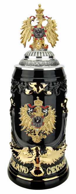 24K Gold Deutschland German Beer Stein with 3D Gold Eagle Pewter Lid 24K Gold Deutschland German Beer Stein with 3D Gold Eagle Pewter Lid