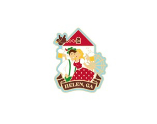 Bavarian Couple with Cuckoo Clock Tower Helen, Ga Enamel Hat Lapel Pin