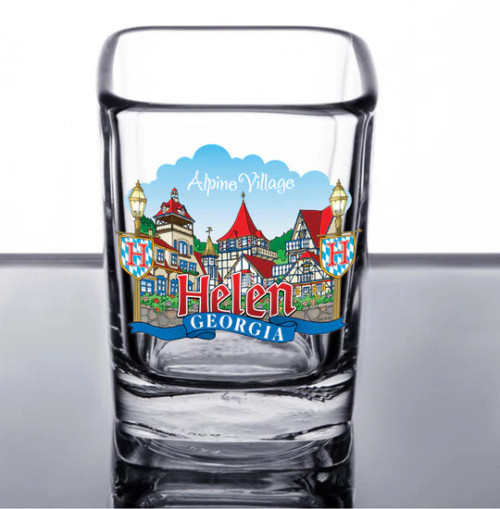 Alpine Village Helen, Ga with Lamp Posts Square Shot Glass 6211SG
