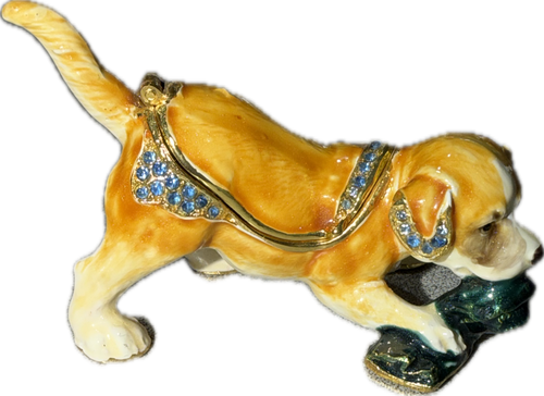 Playful Puppy Enameled Pewter with Austrian Crystals Trinket Box
